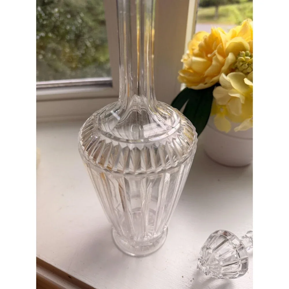 Vintage Crystal Decanter with Faceted Stopper, Pressed Glass Liquor Decanter, Ba